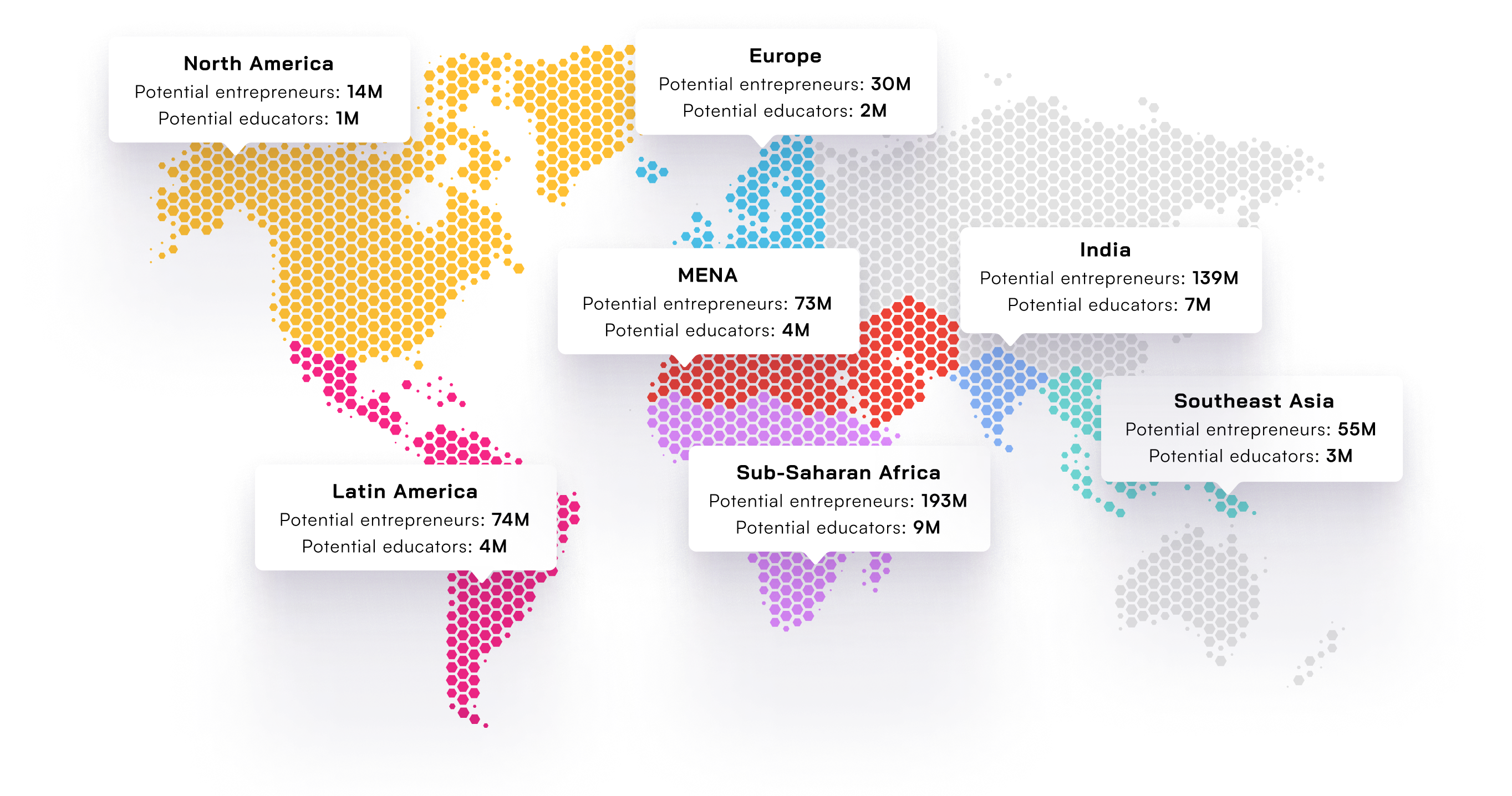 World map showing locations of aspiring youth entrepreneurs lacking support